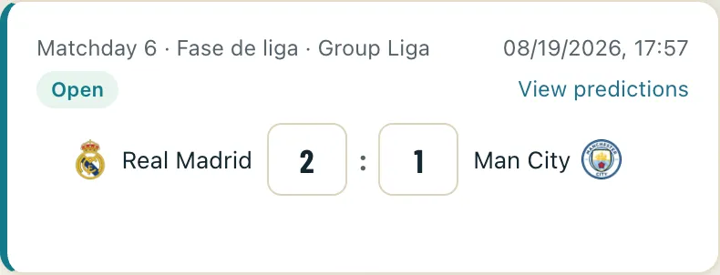 Prediction card for Real Madrid vs Manchester City before kickoff, with score inputs.