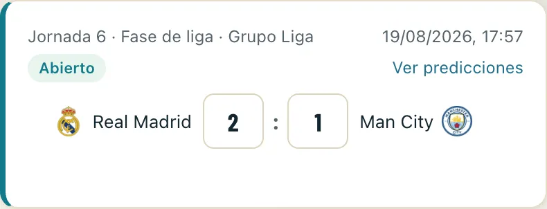 Tarjeta de predicción de Real Madrid vs Manchester City antes del kickoff, con casillas para el marcador.