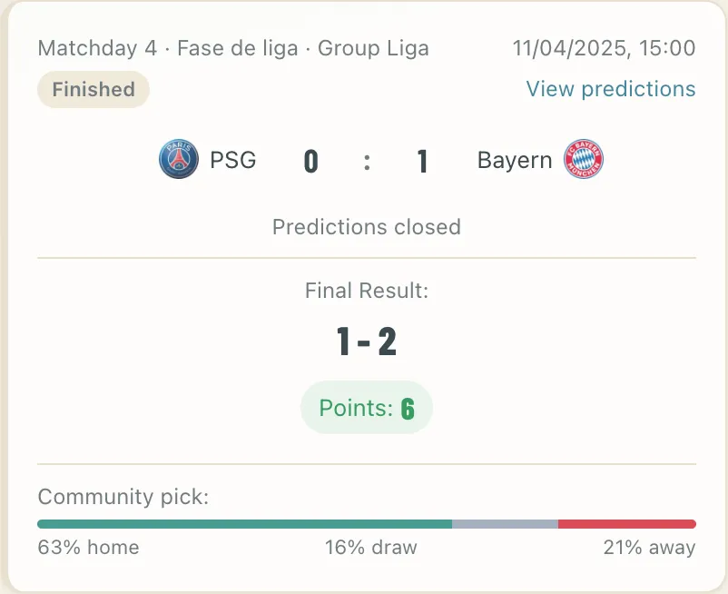 Finished PSG vs Bayern Munich match card showing your prediction, the real result and the points earned.