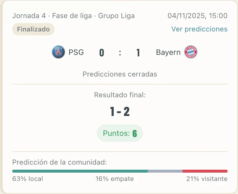 Tarjeta del partido PSG vs Bayern Múnich finalizado, mostrando tu predicción, el resultado real y los puntos ganados.