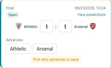 Prediction card for a single knockout match: predicting a draw shows the selector to choose who advances.