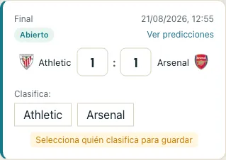 Tarjeta de predicción de una eliminatoria de un solo partido: al predecir empate aparece el selector para elegir quién clasifica.
