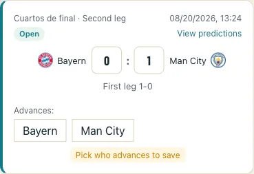 Prediction card for the second leg of a knockout tie: it shows the first-leg score as a helper and, when the aggregate is level, the selector to choose the qualifier.