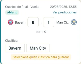 Tarjeta de predicción de la vuelta de una eliminatoria: muestra el marcador de ida como ayuda y, cuando el global queda empatado, el selector para elegir el clasificado.